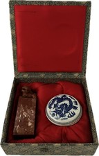 Vintage Boxed Chinese Marble Foo Dog Stamp Seal With Ceramic Pot Red Ink Wax