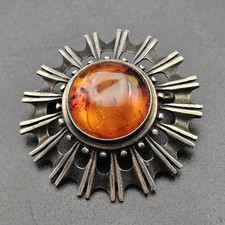 Vintage Modernist Star Abstract Baltic Amber 835 Silver Brooch