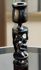 1 Vintage African Hand Carved Ebony Wood Tribal Candle Candlestick Holder 10.25"