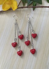 Women's 925 silver hook Alex Polizzi style Heart Long Earrings chain pearls /