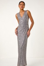 Roman Originals Grey Sequin Side Twist Wrap Maxi Dress - Size 18