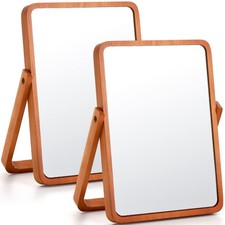 2 Pack Vanity Mirror with Wood Stand, 360 Degree Rotation Makeup Mirror, 10" ...