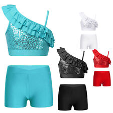 UK Kid Girls Gymnastic Ballet Dance Outfits Shiny Crop Tops w/Shorts Dancewear