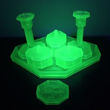 Art Deco Seven Piece Uranium Green Glass Dressing Table Vanity Set & Tray