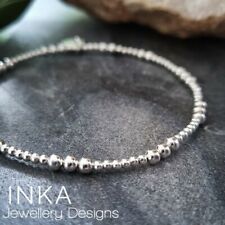 Inka 925 Sterling Silver Plain 3mm and 2mm beaded Stacking Stretchy Bracelet 