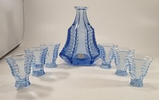 Art Deco Bohemian Blue Glass Decanter & Glasses IBS 1930's Set of 6 Excellent Co