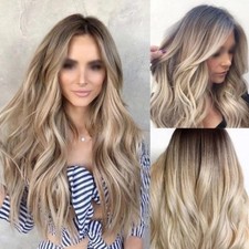 28" Women Ombre Blonde Long Curly Wigs Ladies Natural Wavy Hair Cosplay Wig