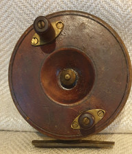 Vintage Mahogany and Brass Wooden Fishing Reel. 3  1/2 inch Diameter. 
