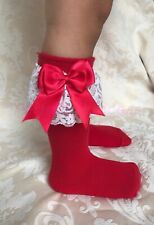 Red Christmas Socks - Lace Knee High Spanish Bow Girls/Frilly - PERFECT PRINCESS