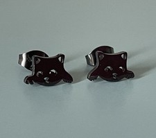 Cute Black Cat / Kitten Dainty Metal Stud Earrings - New In Protective Pouch