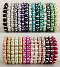 Elastic Glass Pearl & Silver Diamante Rondelle Bead Bracelet - 29+ Colours - 8mm