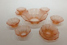 Art Deco Walther & Sohne Athene Pink Pressed Glass Bowl, Dishes & Saucers