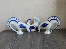 3 Vintage USSR Gzhel Ceramic Blue & White Cockerel Figurines Rooster handpainted