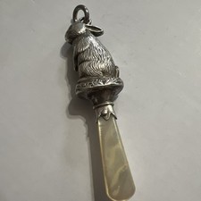 Antique Silver Babies Rattle and teething ring holder WH Collins bunny rabbit 