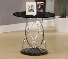 Lamp Table Side End Coffee Table Black Glass 60cm Round Top Chrome Spiral Frame