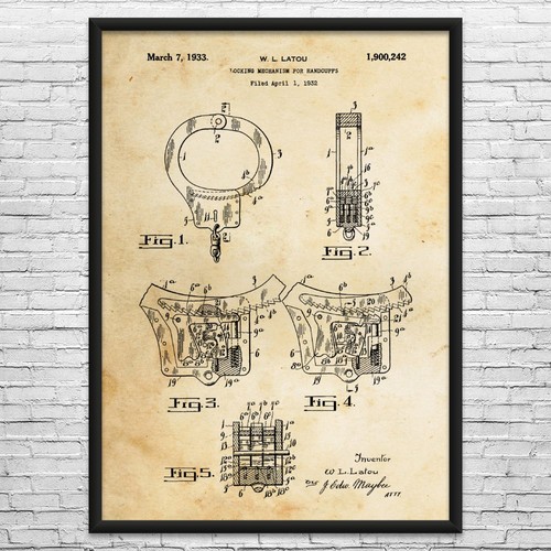 Handcuffs patent wall art - handcuffs,