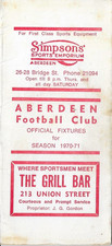 ABERDEEN FC OFFICIAL FIXTURE CARD FOR SEASON 1970-1971