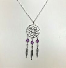 Dreamcatcher Purple Dragons Vein Agate Feather Charm Pendant 18" Chain Necklace