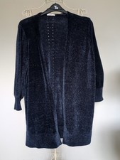 Dark Blue Longline Super Soft Chenille Cardigan Size 14 Tu New