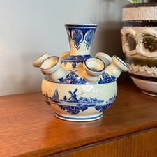 Delft Tulip Vase, Windmill Floral, Blue & White, Vintage