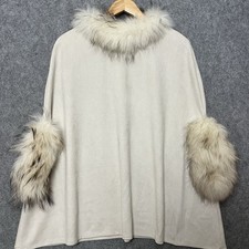 Libby Loves Genuine 100% Real  Fur Trim Poncho Cape Pullover Shrug Ivory Womens