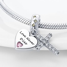 Love never dies i love you heart cross memorial Charm Sterling Silver 925