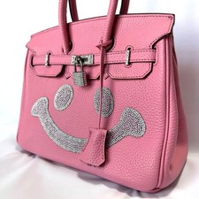 Leather Handbag with Rhinestones Smile Pink Cowhide Turnlock Authentic