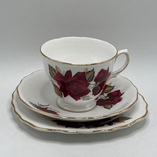 BONE CHINA ROYAL VALE DARK RED ROSES TRIO TEA CUP + SAUCER + SIDE PLATE