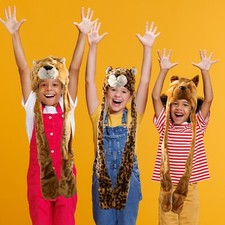 ** KIDS LADIES LONG ANIMAL HATS HOOD SCARF FLEECE LINED POCKET SNOOD WINTER FUR