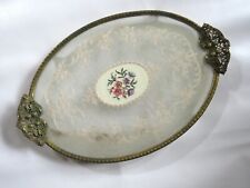 Vintage ornate dressing table tray petit point embroidery & lace under glass