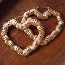 BIG 7cm HEART BAMBOO EARRINGS large metal hoops GOLD FASHION HOOP RETRO HEARTS