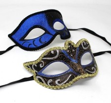 HIS N HERS PAIR COUPLES BLUE AND BLACK  VENETIAN MASQUERADE PARTY PROM EYE MASKS