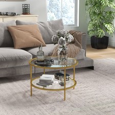 2-Tier Round Coffee Table with Storage Shelf for Living Room Home Office, Gold