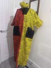 African Ankara Long Bubu Dress+orange&Yellow colour Block +100% Cotten+Head-tie