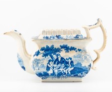 Antique English Staffordshire Teapot Blue White Transferware The Shepherd 19th C