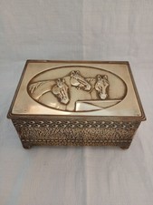 Brass Trinket Box. Horse / Equestrian Decoration. Wood Inlay. Vintage.