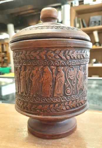 Greek terracotta lidded pot - greek,
