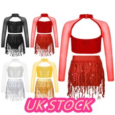 Kids Girl Sparkly Latin Dance Outfit Sequin Crop Top Tassel Skirt Fringe Salsa 