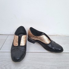 Lollipops Glitter Brogues Shoes UK6 Oxford Ladies Flats Party Gold Black Leather