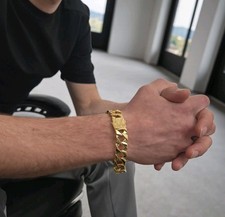 14mm Patterned Bark Chaps Bracelet 9ct Gold XP Huge Heavy 9" Gold Curb Bracelet 