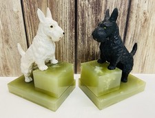 Rare Art Deco Cast Iron Black & White Scottish Terrier/Scottie Dog Onyx Bookends