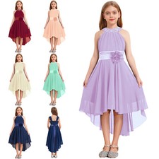 Kids Girls Beaded Neck High-Low Chiffon Pageant Gown Wedding Flower Girl Dress