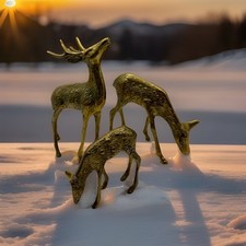 VINTAGE SOLID BRASS STAG DEER DOE FAWN FAMILY REINDEER ORNAMENT CHRISTMAS SET