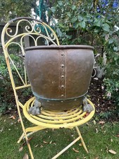 Large Victorian Copper Planter Ornate Brass Handles Standing On Huge Lion Feet
