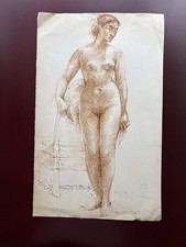 Antique Vintage Life Drawing – Standing Female Nude in Sepia Ink  Figure Study