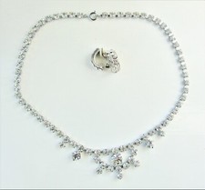 Vintage retro Style Diamante Droplet Necklace & Clip On Earrings Occasion Prom