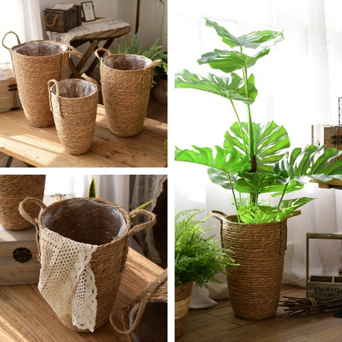 Straw woven basket vase - straw,
