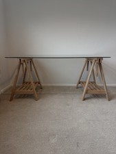 IKEA Glass Topped Desk with Light Wood Adjustable Trestle Base