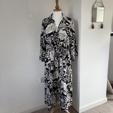 Tu @ Sainsburys Button Through Dress Size 16 Black Cream Floral W Belt Viscose