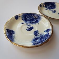 Ceramic saucer plates 1937 carnation flowers blue white 13cm English Vintage